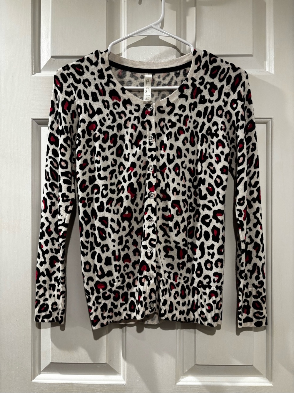 Cherokee Leopard Print Button-Down Cardigan in Black, White & Pink